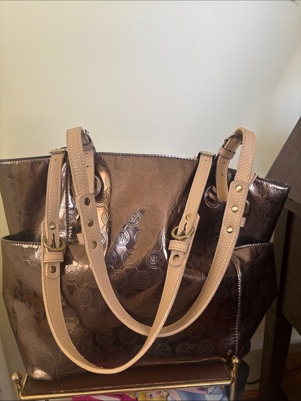 Michael Kors Metallic Bronze Logo Tote with Tan Straps